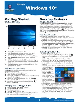 1 Copyright © 2015 by Quick Source Learning
Desktop Features
Using the Start Menu
The Start Menu screen replaces the Start Screen from Windows
8. It is a navigation hub for everything you use in Windows 10,
similar to the Start button in Windows 7. It contains frequently
used apps, shortcuts to File Explorer and important hubs, as well
as live tiles that flash to display real time updates. To open the
Start screen, click the Desktop Start Menu button or press the
Windows key on your keyboard.
Start Menu Shortcuts
You can access important controls from your Start Menu.
•	File Explorer: the hub for all your files and folders, including
Frequent and Pinned items.
•	Settings: your control panel for managing how Windows 10
looks and behaves, including System, Devices, Network &
Internet, Personalization, Accounts, Time & language, Ease
of Access, Privacy, and Update & security options.
•	Power: shut down, restart, or put your PC to sleep.
•	All Apps: the alphabetical list of all the apps or programs
currently installed on your PC.
Customizing the Start Menu
•	To open an app, click the tile.
•	To view all apps in alphabetical order, click the All apps
shortcut. Click the Back shortcut to return to your Start
Menu.
•	To turn off live updates, right-click the tile you wish to
adjust. Select Turn live tile off from the drop-down menu.
•	To rearrange the app tiles, click and hold the tile you wish
to move. When the screen dims, drag the tile to the desired
location.
•	To create groups, click and drag desired apps into proximity.
To name the group,
click in the Name
group space or click
on an existing name
such as Play and
explore. Enter the new
name for the group
in the editing bar that
appears. Click outside
the bar to save the
name and return to the
Start Menu.
•	To resize a tile, right-click on the app you wish to adjust.
Select Resize from the drop-down menu and select a size.
•	To resize the Start Menu, click and drag the corners.
•	To remove a tile, right-click on the app you wish to adjust.
Select Unpin from Start from the drop-down menu.
•	To to pin an app to the Start Menu, right-click on the app
you wish to pin. Select Pin to Start from the drop-down
menu.
Windows 10™Windows 10™
Getting Started
Windows 10 Desktop
u	 Recycle Bin – contains deleted files.
v	 Start Menu Button – stores all Windows Store apps,
functions, and personal settings in a central hub.
w	 Cortana – the Microsoft virtual assistant and search feature.
x	 Task View Button – displays active apps or additional
desktops.
y	 Taskbar – displays shortcuts for File Explorer and Edge as
well as Office programs and other apps that you pin for easy
access.
z	 Notification Button – displays the Action Center for your
notifications and settings.
Unlocking the Lock Screen
The Lock screen contains the time, date, sign-in access, user
accounts, and notifications.
1.	 Press any key to view the Login screen.
2.	 Log in with your account password.
3.	 Optional: To switch between multiple users, select the account
you would like to log into.
4.	 Optional: To turn off your computer, click the Power
button. Click Shut down.
5.	 Optional: To restart your computer, click the Power
button. Click Restart.
Changing Your Lock Screen Picture
1.	 Click the Desktop Start Menu button.
2.	 Click the Settings shortcut.
3.	Select Personalization.
4.	Click Lock screen in the left pane.
5.	 In the Choose your picture section, click a default picture or
click Browse to select an image from your files.
Microsoft
 