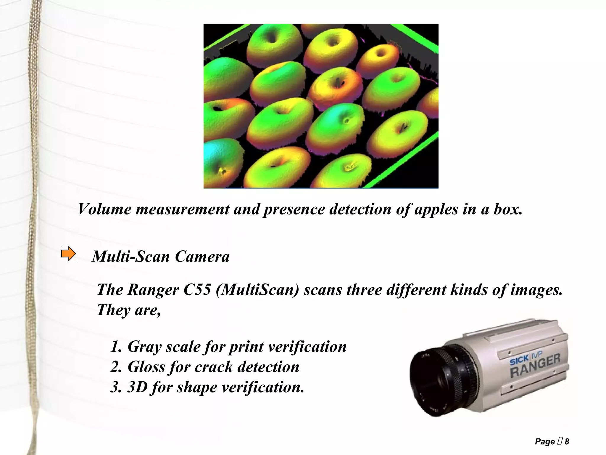 Page  8
Volume measurement and presence detection of apples in a box.
Multi-Scan Camera
The Ranger C55 (MultiScan) scans three different kinds of images.
They are,
1. Gray scale for print verification
2. Gloss for crack detection
3. 3D for shape verification.
 