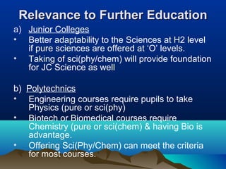 Relevance to Further EducationRelevance to Further Education
a) Junior Colleges
• Better adaptability to the Sciences at H2 level
if pure sciences are offered at ‘O’ levels.
• Taking of sci(phy/chem) will provide foundation
for JC Science as well
b) Polytechnics
• Engineering courses require pupils to take
Physics (pure or sci(phy)
• Biotech or Biomedical courses require
Chemistry (pure or sci(chem) & having Bio is
advantage.
• Offering Sci(Phy/Chem) can meet the criteria
for most courses.
 