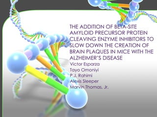 THE ADDITION OF BETA-SITE
AMYLOID PRECURSOR PROTEIN
CLEAVING ENZYME INHIBITORS TO
SLOW DOWN THE CREATION OF
BRAIN PLAQUES IN MICE WITH THE
ALZHEIMER’S DISEASE
Victor Esparza
Tayo Omoniyi
P.J. Rahimi
Alexis Sleeper
Marvin Thomas, Jr.
 