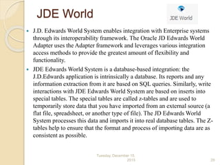 JDE World
 J.D. Edwards World System enables integration with Enterprise systems
through its interoperability framework. The Oracle JD Edwards World
Adapter uses the Adapter framework and leverages various integration
access methods to provide the greatest amount of flexibility and
functionality.
 JDE Edwards World System is a database-based integration: the
J.D.Edwards application is intrinsically a database. Its reports and any
information extraction from it are based on SQL queries. Similarly, write
interactions with JDE Edwards World System are based on inserts into
special tables. The special tables are called z-tables and are used to
temporarily store data that you have imported from an external source (a
flat file, spreadsheet, or another type of file). The JD Edwards World
System processes this data and imports it into real database tables. The Z-
tables help to ensure that the format and process of importing data are as
consistent as possible.
Tuesday, December 15,
2015 29
 