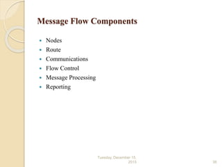 Message Flow Components
 Nodes
 Route
 Communications
 Flow Control
 Message Processing
 Reporting
Tuesday, December 15,
2015 38
 