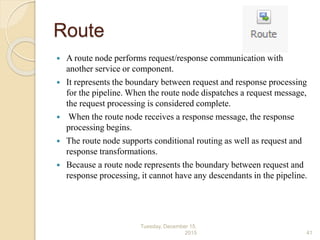 Route
 A route node performs request/response communication with
another service or component.
 It represents the boundary between request and response processing
for the pipeline. When the route node dispatches a request message,
the request processing is considered complete.
 When the route node receives a response message, the response
processing begins.
 The route node supports conditional routing as well as request and
response transformations.
 Because a route node represents the boundary between request and
response processing, it cannot have any descendants in the pipeline.
Tuesday, December 15,
2015 41
 