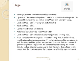 Stage
 The stage performs one of the following operations:
 Updates an Oracle table using INSERT or UPDATE or both as appropriate. Data
is assembled into arrays and written using Oracle host-array processing.
 Loads an Oracle table (by using Oracle fast loader).
 Reads an Oracle table.
 Deletes rows from an Oracle table.
 Performs a lookup directly on an Oracle table.
 Loads an Oracle table into memory and then performs a lookup on it.
 When you use an Oracle stage as a source for lookup data, there are special
considerations about column naming. If you have columns of the same name in
both the source and lookup data sets, note that the source data set column will
go to the output data. If you want this column to be replaced by the column
from the lookup data source, you need to drop the source data column before
you perform the lookup (you can, for example, use a Modify stage to do this).
Tuesday, December 15,
2015 43
 