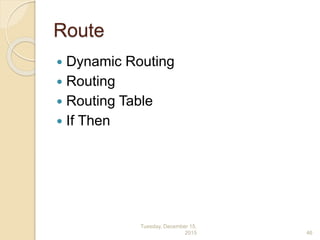 Route
 Dynamic Routing
 Routing
 Routing Table
 If Then
Tuesday, December 15,
2015 46
 