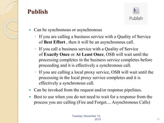 Publish
 Can be synchronous or asynchronous
◦ If you are calling a business service with a Quality of Service
of Best Effort , then it will be an asynchronous call.
◦ If you call a business service with a Quality of Service
of Exactly Once or At Least Once, OSB will wait until the
processing completes in the business service completes before
proceeding and it is effectively a synchronous call.
◦ If you are calling a local proxy service, OSB will wait until the
processing in the local proxy service completes and it is
effectively a synchronous call.
 Can be invoked from the request and/or response pipelines.
 Best to use when you do not need to wait for a response from the
process you are calling (Fire and Forget.... Asynchronous Calls)
Tuesday, December 15,
2015 67
 