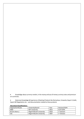 • Knowledge about currency market ,in the money and out of money currency rates and premium
on currencies.
• Extensive Knowledge & Experience of Banking Products like Derivatives, Forwards, Buyer’s Credit,
Export Bill Negotiation etc… and documentation related to these products
Educational Qualifications:
Degree/Certificate University/board Year Division/CGPA
MBA NIIT University 2012 6.97 CGPA
B.Com (Hons.) Aligarh Muslim University 2010 1st
Division
SSC Aligarh Muslim University 2007 1st
Division
 