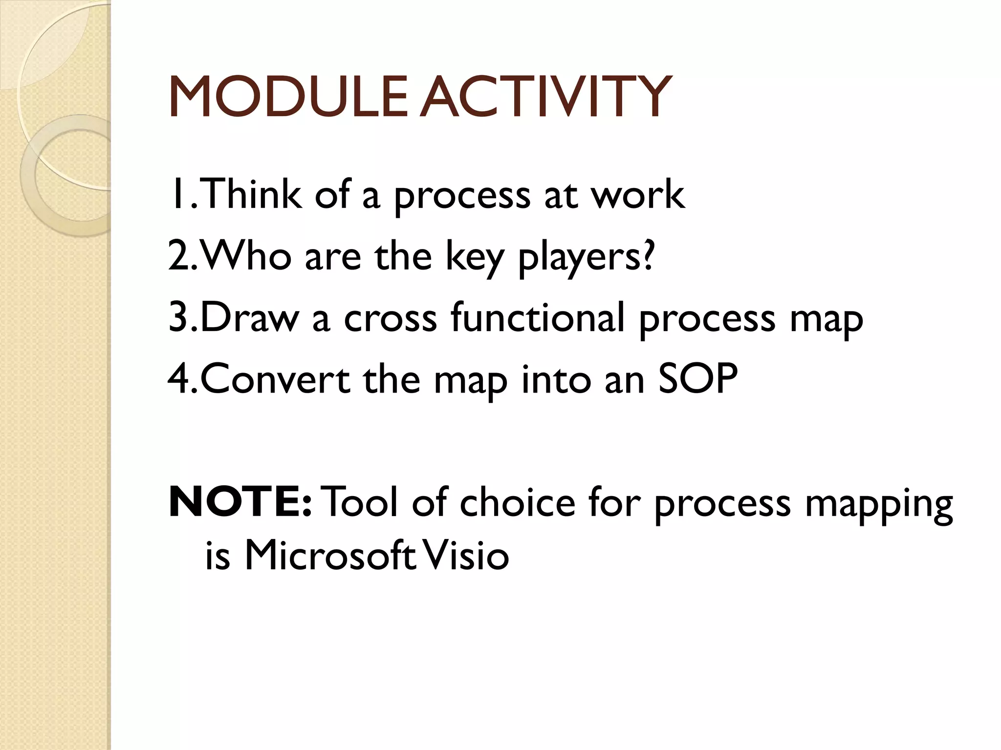 MODULE ACTIVITY
1.Think of a process at work
2.Who are the key players?
3.Draw a cross functional process map
4.Convert the map into an SOP
NOTE: Tool of choice for process mapping
is MicrosoftVisio
 