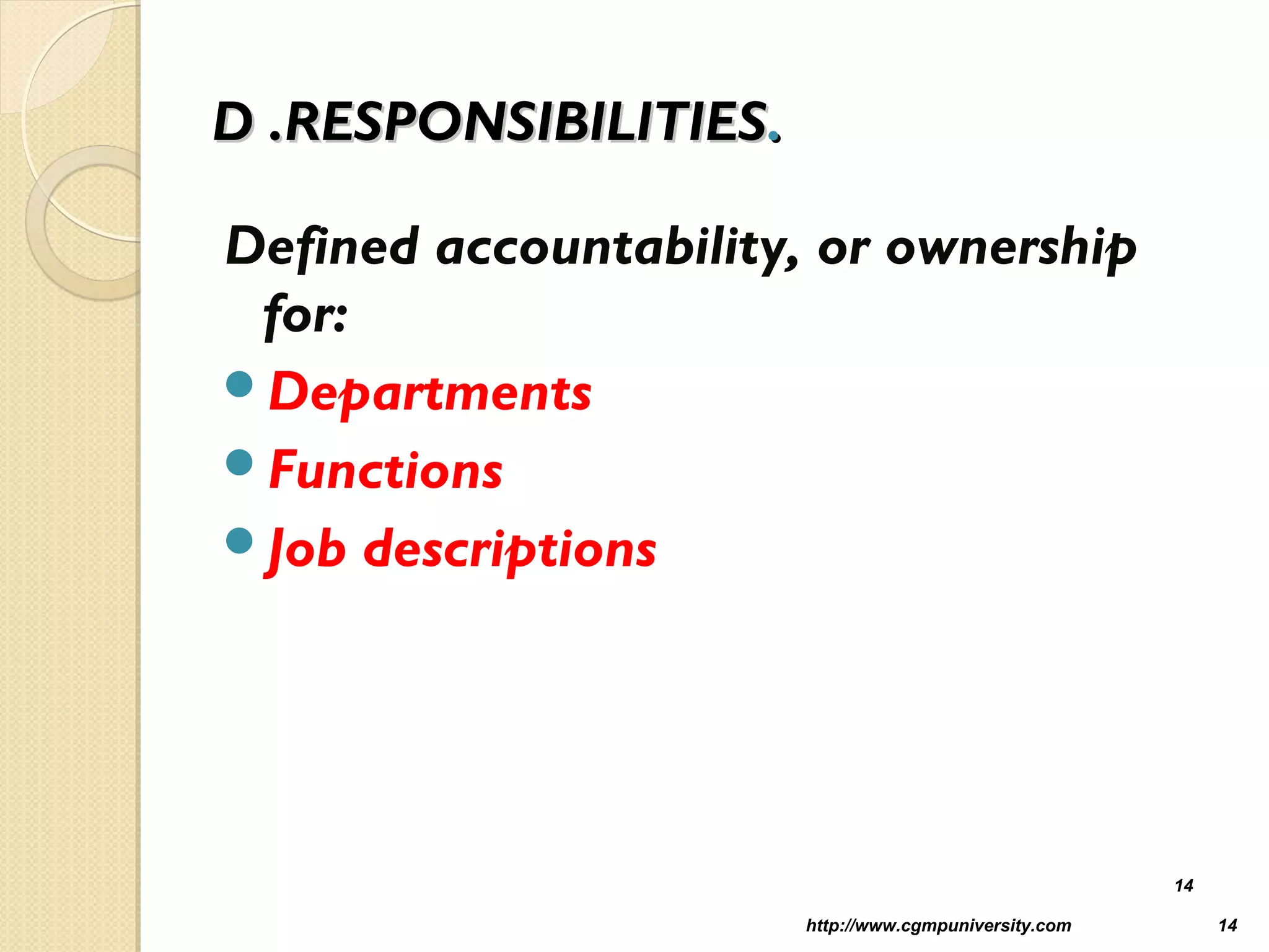 D .RESPONSIBILITIESD .RESPONSIBILITIES..
Defined accountability, or ownership
for:
Departments
Functions
Job descriptions
http://www.cgmpuniversity.com 14
14
 