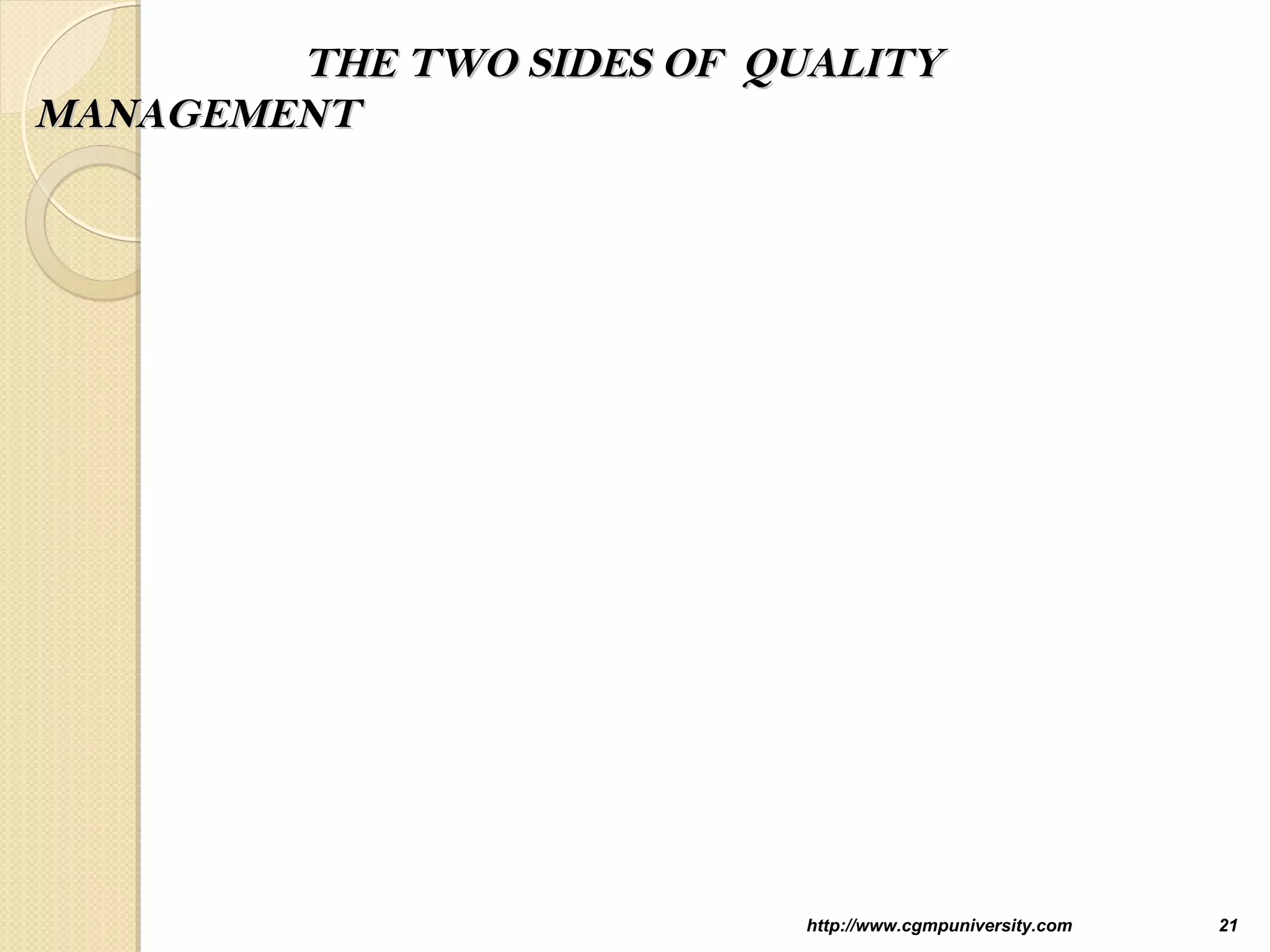 THE TWO SIDES OF QUALITYTHE TWO SIDES OF QUALITY
MANAGEMENTMANAGEMENT
http://www.cgmpuniversity.com 21
 