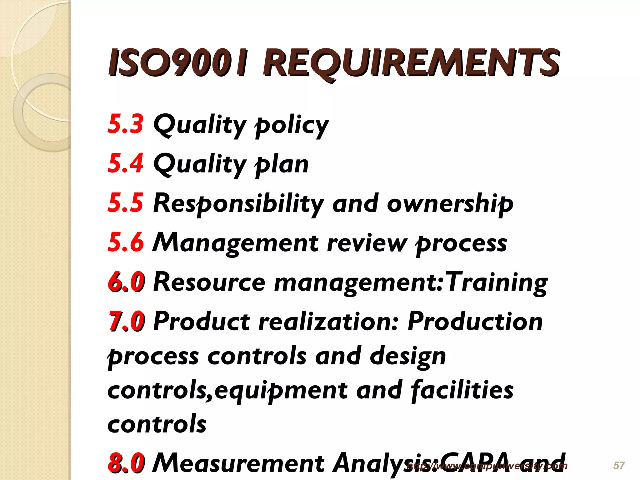 ISO9001 REQUIREMENTSISO9001 REQUIREMENTS
5.3 Quality policy
5.4 Quality plan
5.5 Responsibility and ownership
5.6 Management review process
6.06.0 Resource management:Training
7.07.0 Product realization: Production
process controls and design
controls,equipment and facilities
controls
8.08.0 Measurement Analysis:CAPA andhttp://www.cgmpuniversity.com 57
 