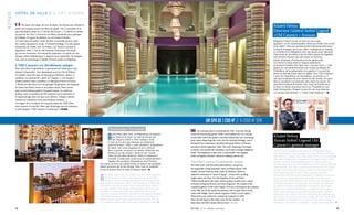 A
près Paris, New York, St Petersburg, en passant
par l’Asie et le Liban, ce chef de 44 ans est
très heureux d’être à l’Old Cataract. Voilà
4 mois qu’il a pris ses marques au restaurant
gastronomique « 1902 », avec jubilation, imagination
et talent. Son carré d’agneau et son confit en
deux cuissons, mousse à la carotte, échalotes aux
herbes et jus de romarin, donne le ton. Il aime
créer de nouvelles alliances, mêler le classique à
l’insolite. Il veille donc avant tout à l’acheminement
régulier des produits d’excellence via la France.
Sur place, le choix est plutôt limité, en dehors de quelques
beaux poissons de la mer Rouge. Mais c’est un magicien
et qui le prouve haut la main à chaque repas ! W
A
fter Paris, New York, St. Petersburg, Asia and Lebanon,
this 44-year old chef is very happy to be at the Old
Cataract. In four months, he found his bearings at the
gastronomic restaurant “1902” with jubilation, imagination
and talent. His loin of lamb in two cooking styles, carrot
mousse, shallots with herbs and rosemary sets the tones.
He likes to create new alliances, combining the classic
with the unusual. Therefore, he sees to the regular delivery
of excellent products from France. Locally, the choice is
rather limited, apart from some fine Red Sea fish. But he
is a magician and confirms this easily with every meal! W
un spa de 1 200 m2
// a 1200 m2
spa
©FabriceRambert
72
hôtel de ville // A city, a hotel
73N° 4 /// JUILLET 2012 JULY
Khaled Helmy
Aswan Sofitel Legend Old
Cataract’s general manager
French Touch elegance, the hand on his Egyptian heart –
this ambassador’s son brought up in the United States has
everything to please! The career path of this young manager
who likes challenges is impressive. Intelligence and charm,
being in control and delegating are his strong points to
increase the harmony and excellence of this unique mythical
hotel tenfold. This man of action who knows how to remain
human is bursting with energy, humanism and generosity.
Each experience gives him a fresh outlook and new
dynamism, and the evident pleasure of making it a success
story. He is a real perfectionist and went through every
aspect of the hotel industry, from catering to management.
He gritted his teeth and gave his all. For the Old Cataract,
he wants something magnificent, wonderful, never seen
before. He is aware that beauty is a chance and a selling
point. One can have an excellent business sense without
betraying one’s culture. One can be particularly gifted and
yet a joker. His love for the future made him fall in love with
life. Khaled is a prophet in his country and never ceases to
amaze us... He admits it cheerfully: “I never stop amazing!” W
Khaled Helmy
Directeur Général Sofitel Legend
« Old Cataract » Assouan
Elégance French Touch, la main sur son cœur
égyptien, ce fils d’ambassadeur élevé aux Etats-Unis a tout
pour plaire ! Parcours professionnel impressionnant pour
ce jeune manager accro aux défis. Intelligence et charme,
le contrôle et la délégation sont ses atouts pour décupler
l’harmonie et l’excellence de cet hôtel unique de légende.
Cet homme d’action-qui-sait-rester-un homme
éclate d’énergie, d’humanisme et de générosité.
Il a l’œil et le sang neufs à chaque expérience
et le plaisir évident d’en faire une « success story ». Il est
passé, en vrai perfectionniste, par toutes les étapes de
l’hôtellerie, de la restauration à la gestion. Il a serré les
dents et jeté ses tripes dans la mêlée. Pour l’Old Cataract,
il veut du magnifique, du merveilleux, du jamais vu. Il
sait que la beauté est une chance et fait vendre. On peut
être un excellent commerçant sans trahir la culture. On
peut être surdoué et farceur. Son coup de foudre pour
le futur l’a rendu amoureux de la vie. Prophète en son
hôtel d’exception, Khaled n’a pas fini de nous étonner…
Lui, avoue joyeusement : « I never stop amazing ! » W
Du jaune, du rouge, du vert, du blanc, du fuchsia ont colonisé le
jardin qui serpente autour des blocs de granit. On s’y promène d’un
pas nonchalant, jusqu’au « Coin du Roi Fouad ». L’endroit est intime
au pied du Nil. On s’y fait servir un dîner, seulement pour quelques
privilégiés. En guise de plafond, un ciel clouté d’étoiles.
A l’autre bout du jardin, caché derrière la nouvelle piscine, dont
les courbes épousent la roche, l’Oriental Kebabgy, l’un des quatre
restaurants de l’hôtel, avec Le Palms, l’Al Saraya et surtout le
légendaire 1902. C’est un chef français, Dominique Ferchaud,
qui est aux fourneaux. En sortant du restaurant, on tombe sur une
étrange cabine téléphonique. L’appareil est à manivelle. On imagine
sans mal un personnage d’Agatha Christie pendu au téléphone.
L’Old Cataract est décidément unique
Avec discrétion et gentillesse, le personnel de l’hôtel peut vous
obtenir l’impossible : être absolument seul sur l’île de Philae.
Ce temple sauvé des eaux du barrage par Malraux, mérite, ô
combien, son surnom de « perle de l’Egypte ». Une barque à
moteur poussif vous y emmène. Le domaine d’Isis et d’Osiris.
« Philae sort des eaux avec ses groupes de palmiers, ses bosquets
de henné aux fleurs vertes et au parfum suave. Nous errons
sous la merveilleuse galerie du grand temple. Le soleil est
brûlant, mais la fraîcheur du Nil remonte sous le péristyle, et
le regard plonge dans les eaux avec délices. Chaque colonne
soutient un chapiteau d’une merveilleuse richesse... »
Ces lignes de la comtesse de Gasparin datent de 1848. Elles
sont toujours d’actualité. Mais quel dommage pour la comtesse,
à cette époque, l’Old Cataract n’existait pas ! J-F.CdA
An intimate place overlooking the Nile. A private dining
venue for discerning guests. With a star-studded sky as a ceiling.
At the other end of the garden, concealed behind the new swimming
pool whose shape hugs the rocks, lies the Oriental Kebabgy, one of
the hotel’s four restaurants, the others being the Palms,Al Saraya
and above all the legendary 1902. The chef, Dominique Ferchaud,
is French. Just outside the restaurant, you’ll find a strange telephone
booth. The telephone works with a crank handle. You imagine
easily anAgatha Christie’s character making a phone call.
The Old Cataract is definitely unique
The hotel staff, with discretion and kindness, can get you
the impossible: being absolutely alone on Philae island. This
temple, rescued from the dam waters by Malraux, deserves
indeed its nickname of “pearl of Egypt”.Aboat with a puffing
engine takes you there. It is the kingdom of Isis and Osiris.
“Philae stands above the water with its groups of palm trees, copses
of henna with green flowers and sweet fragrance. We wander in the
wonderful gallery of the main temple. The sun is burning but the coolness
of the Nile can be felt under the peristyle, and we gaze down on the
water with delight. Each column supports a richly carved capital…”
These lines were written by countess de Gasparin in 1848.
They are still topical. But what a pity for the countess – in
those days, the Old Cataract did not exist! J-F.CdA
Dominique Ferchaud
 