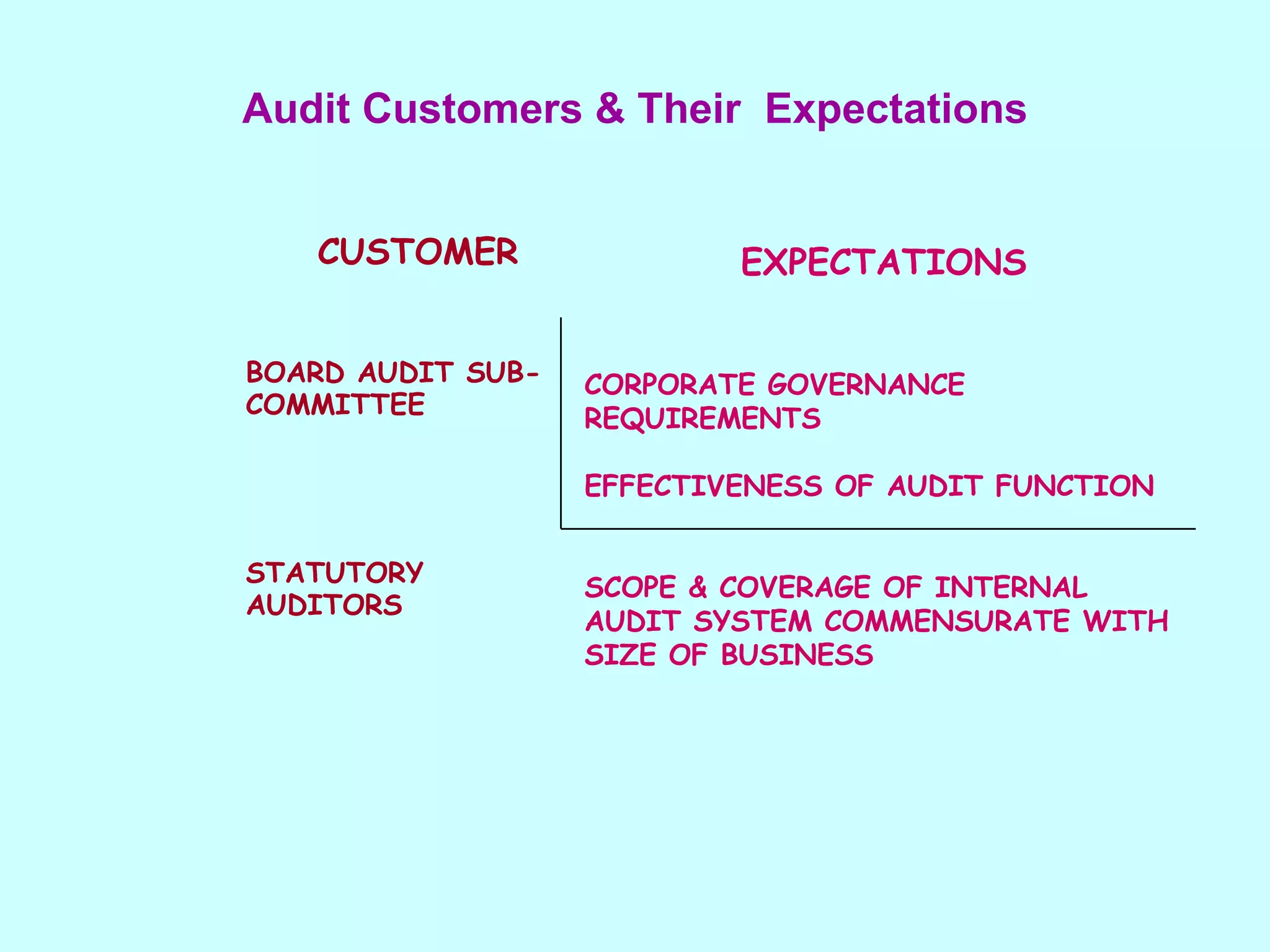 CUSTOMER BOARD AUDIT SUB-COMMITTEE STATUTORY AUDITORS EXPECTATIONS CORPORATE GOVERNANCE REQUIREMENTS EFFECTIVENESS OF AUDIT FUNCTION SCOPE & COVERAGE OF INTERNAL AUDIT SYSTEM COMMENSURATE WITH SIZE OF BUSINESS Audit Customers & Their  Expectations 