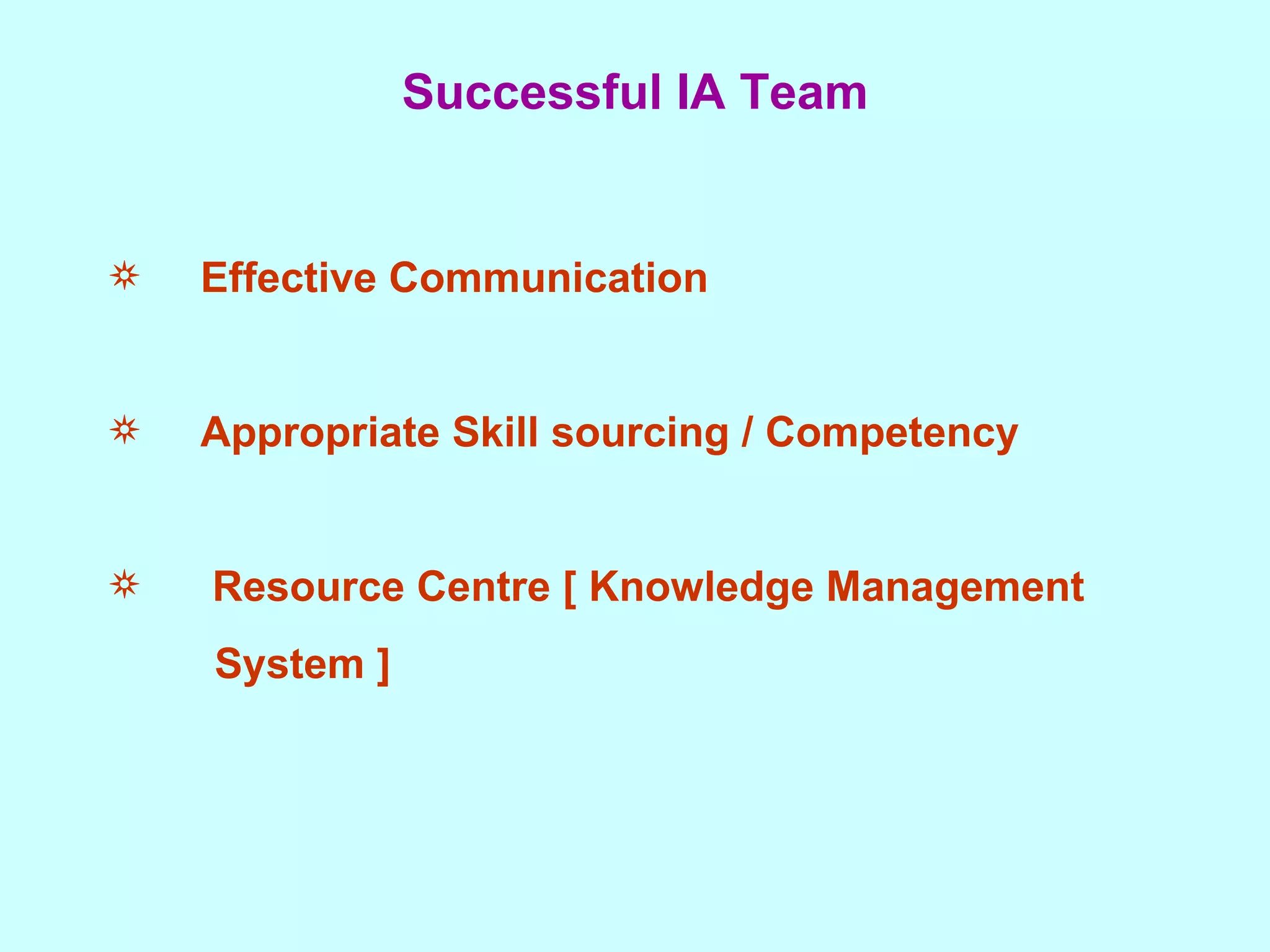 Successful IA Team Effective Communication Appropriate Skill sourcing / Competency Resource Centre [ Knowledge Management System ] 