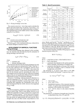ACI Materials Journal/September-October 2000 597
The concrete stress σc(t + ∆t) is then used to calculate the
elastic and creep strains (Eq. (5) and Eq. (7)) at time t + ∆t.
This method is similar to the method described in Gilbert.1
The magnified stress at the middle section is then calculated
using Eq. (3) as follows
σcMag(t) = [Ac/(Ac − Ap)].σc(t) (12)
where
Ac = concrete cross-sectional area; and
Ap = cross-sectional area of the plate.
When σcMag(t)  ft(t), cracking would occur, where ft(t) is
the tensile strength of concrete at time t.
DEVELOPMENT OF EMPIRICAL FUNCTIONS
Drying shrinkage
For the drying shrinkage data obtained in this investiga-
tion, the functions that provided the best-fit estimation of
drying shrinkage with time were
εsh(t) = [tα/(f + tα)].εshu (13)
where
α, f = constants; and
εshu = ultimate shrinkage strain.
The functions that best describe drying shrinkage for each
of the concrete types are summarized in Table 3 and Fig. 3.
For the data collected in this investigation, best-fit curves
were obtained by setting α = 1.0. Table 3 also shows the
standard error estimate s of the best-fit presented (see Nota-
tions for the formula used for calculating the values of s).
The standard errors for this best-fit are within the acceptable
range as they are not significantly different from the expected
experimental accuracy of measuring shrinkage.
Inclusion of shrinkage reducing chemical admixture re-
duces the magnitude of εshu for AASC, however, the rate of
early age strain development is greater than AASC. AASC
containing BFS aggregate has considerably lower rate of
strain development than for AASC, however, the magnitude
of εshu is high.
Creep
For this investigation, compressive creep was assumed to be
equal to tensile creep. There is some debate, however, as to
whether the magnitude of creep in compression is equal to the
magnitude of creep in tension.16 At low stress levels, Koyana-
gi et al. 17 determined that the unit creep strains in compres-
sion and tension are approximately the same and the stress/
strength ratio does not affect tensile creep behavior at low
stress. Brooks and Neville,18
Neville,19
and Brooks et al.,20
however, found that for mass concrete, creep in uniaxial ten-
sion can be 20 to 30% higher than compressive creep. For con-
crete loaded at a later age, Brooks and Neville19 found less
total creep in tension than total creep in compression.
The Australian Standard, AS3600 (1994) proposes a creep
function as given in Eq. (14)
φ(t,τ) = k2.k3.φcc,b (14)
where
φ(t,τ) = creep factor at time t, when loaded at time τ;
φcc,b = basic creep factor;
k2 = a parameter that depends on the section geometry,
relative humidity, and duration of loading; and
k3 = a parameter that depends on the age of the concrete
at the time of loading τ, and is a function of the
strength ratio, fc(τ)/fc(28).
The parameter k2, as given in the charts in AS 3600
(1994), can be fitted by the formula15 as given in Eq. (15)
k2 = (k7.k8.t0.7)/(t0.7 + k9) (15)
where
t = time in days;
k7 = 0.76 + 0.9e–0.008th;
th = hypothetical thickness of the structural member,
in mm = (2 x gross cross-sectional area)/(exposed
perimeter of the member cross section);
k8 = 1.37 – 0.011h, where h is the relative humidity
(%); and
k9 = 0.15th.
The parameter k3 is a function of strength ratio fc(τ)/fc(28),
as described in Eq. (16), (17), and (18)
k3 = 1.9 – 0.8.(fc(τ)/fc(28)) for 0.5  fc(τ)/fc(28)  1.0 (16)
Table 3—Best-fit parameters
Property
Equation
no. Parameter
Concrete type
OPCC AASC
AASC/
SR
AASC/
BFS
Drying
shrinkage 13
f 10 30 12 150
εshu
(× 10–6
)
575 1850 735 2000
s (× 10–6
) 33 39 25 24
Creep 14
φcc,b 1.75 1.55 — —
s (× 10–6) 29 32 — —
Compres-
sive
strength
21
α 1.0 1.1 2.1 0.45
β 0.94 1.0 0.95 0.96
fc(28) 41.1 40.1 45.6 41.4
s (× 10–6) 2.8 1.8 4.4 4.9
Elastic
modulus
22
k 1030 16,400 — —
x 0.95 0.1 — —
s (× 10–6
) 1226 973 — —
Tensile
strength
23
α 1.25 2.3 1.8 2.0
β 1.0 0.97 1.02 1.0
ft(28) 3.95 4.32 3.98 4.74
s (× 10–6
) 0.12 0.41 0.49 0.51
Fig. 3—Drying shrinkage versus time.
 