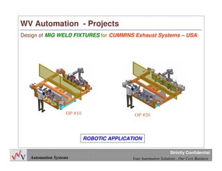 15
Automation Systems Your Automation Solutions , Our Core Business
Strictly Confidential
WV Automation - Projects
Design of MIG WELD FIXTURES for CUMMINS Exhaust Systems – USA:
OP #10 OP #20
ROBOTIC APPLICATION
 