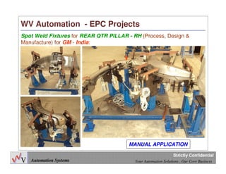 25
Automation Systems Your Automation Solutions , Our Core Business
Strictly Confidential
WV Automation - EPC Projects
Spot Weld Fixtures for REAR QTR PILLAR - RH (Process, Design &
Manufacture) for GM - India:
MANUAL APPLICATION
 