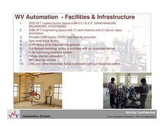 Automation Systems Your Automation Solutions , Our Core Business
Strictly Confidential
1. 2500 SFT Leased factory Space in 94/3 C.I.E.E.P. GANDHINAGAR,
BALANAGAR, HYDERABAD
2. 2200 SFT Engineering Space with (7) work stations and (1) Server class
workstation
3. Portable CMM facility (FARO Arm recently acquired)
4. Spot weld setup facility
5. 5 HP Heavy Duty Industrial Compressor
6. Full fledged metrology facility is available with our associate partner.
7. Fully functioning inventory system
8. 1Mbps internet connection
9. 24/7 Security service
10. CNC and Other Machinery Setup is available with our Associate partner.
WV Automation - Facilities & Infrastructure
 