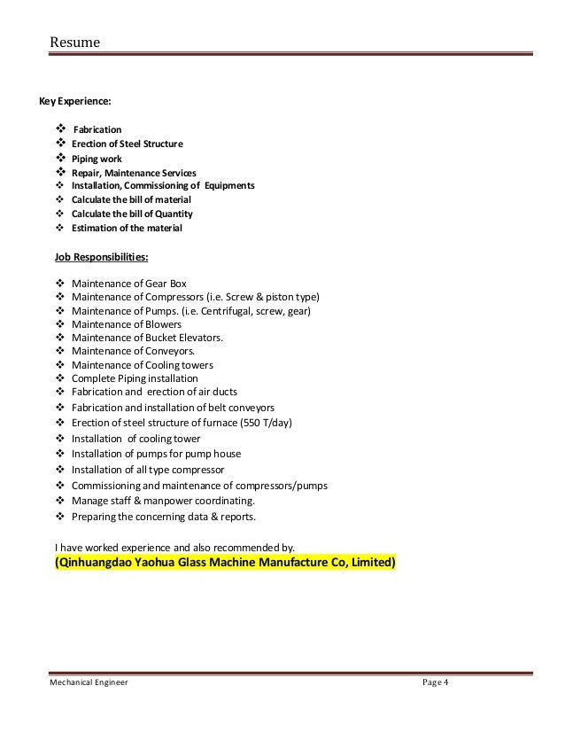 resume mechanical engineer page 4 key experience