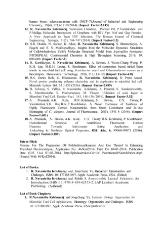 human breast adenocarcinoma cells (MCF-7),Journal of Industrial and Engineering
Chemistry, 20(4), 1713-1719 (2014). (Impact Factor-2.145)
12. R. Navanietha Krishnaraj, Saravanan Chandran, Parimal Pal, P.Varalakshmi and
P.Malliga, Molecular Interactions of Graphene with HIV-Vpr, Nef and Gag Proteins-
A New Approach to Treat HIV Infections. The Korean Journal of Chemical
Engineering. Springer, 31(5), 744-747 (2014). (Impact Factor-1.2)
13. S.R. Dodda, N. Sarkar, K. Aikat, R. Navanietha Krishnaraj, S. Bhattacharjee, A.
Bagchi and S. S. Mukhopadhyay, Insights from the Molecular Dynamics Simulation
of Cellobiohydrolase Cel6A Molecular Structural Model from Aspergillus fumigates
NITDGPKA3. Combinatorial Chemistry & High Throughput Screening, 2016, 19,
000-000. (Impact Factor-2)
14. R. Karthikeyan, R. Navanietha Krishnaraj, A. Selvam, J. Woon-Chung Wong, P.
K.H. Lee, M.K.H. Leung, S. Berchmans. Effect of composites based nickel foam
anode in microbial fuel cell using Acetobacter aceti and Gluconobacter roseus as a
biocatalysts. Bioresource Technology, 2016, 217,113-120 (Impact Factor-4.8)
15. R.S. Daries Bella, G. Hirankumar, R. Navanietha Krishnaraj, D. Prem Anand.
Novel proton conducting polymer electrolyte and its application in microbial fuel cell.
Materials Letters 164, 551–553 (2016). (Impact Factor-2.489)
16. R. Selvaraj, S. Vidhya, R. Navanietha Krishnaraj, S. Perumal, S. Sundaramoorthy,
S. Maruthamuthu, S. Ponmariappan, M. Vijayan. Utilization of soak liquor in
Microbial Fuel Cell. Elsevier-Fuel. 181, 148-156 (2016). (Impact Factor-3.52)
17. A. Pramanik, A.K. Kole, R.N. Krishnaraj, S. Biswas, C.S. Tiwary, P.
Varalakshmi, S.K. Rai, B.A.,P. Kumbhakar, A Novel Technique of Synthesis of
Highly Fluorescent Carbon Nanoparticles from Broth Constituent and In-vivo
Bioimaging of C. elegans. Journal of Fluorescence. 26(5), 1541-8 (2016). (Impact
Factor-1.601)
18. A. Pramanik, S. Biswas, A.K. Kole, C.S. Tiwary, R.N. Krishnaraj, P. Kumbhakar,
Hydrothermal Synthesis of Amphibious Fluorescent Carbon
Nanorice Towards Anti-counter feiting Application and
Unleashing its Nonlinear Optical Properties, RSC Adv., 6, 99060-99071 (2016).
(Impact Factor-3.289)
Patent Filed:
Process For The Preparation Of Polyhydroxyalkenoate And Use Thereof In Enhancing
Microbial Electrocatalysis, Application No. 46/Kol/2014, Filed On 10-01-2014, Publication
Date (U/S 11a) 07-02-2014. http://Ipindiaservices.Gov.In/ Patentsearch/Search/Index.Aspx
(Search With 46/Kol/2014).
List of Books:
1. R. Navanietha Krishnaraj and Jong-Sung Yu. Bioenergy: Opportunities and
Challenges. ISBN-10: 1771881097. Apple Academic Press, USA. (Edited)
2. R. Navanietha Krishnaraj and Rohith S. Amyotrophic Lateral Sclerosis: An
Introduction.ISBN-13: 978-3-659-62573-2. LAP Lambert Academic
Publishing. (Authored)
List of Book Chapters:
1. R.Navanietha Krishnaraj and Jong-Sung Yu. Systems Biology Approaches for
Microbial Fuel Cell Applications. Bioenergy: Opportunities and Challenges. ISBN-
10: 1771881097. Apple Academic Press, USA.(Authored)
 