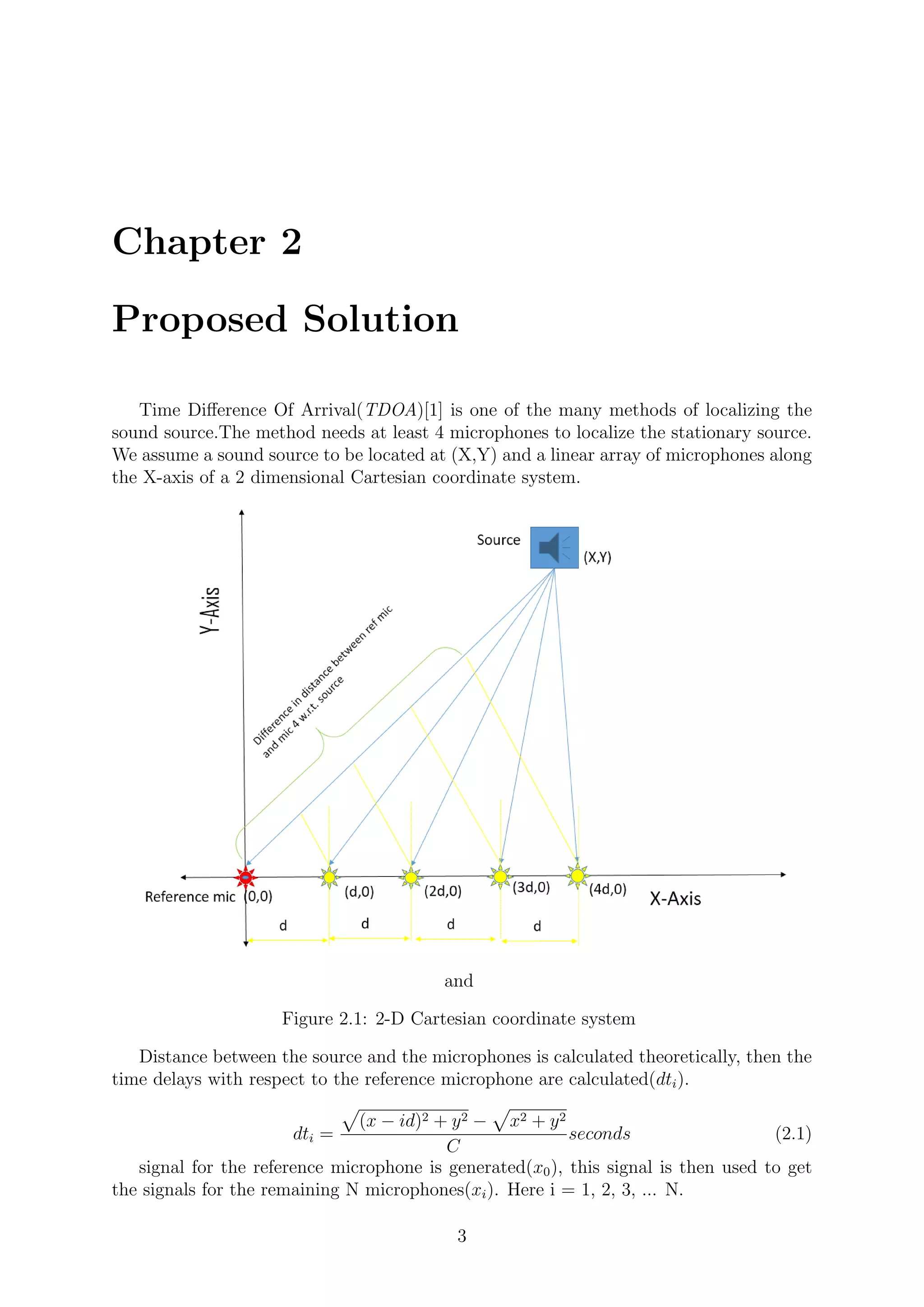 Chapter 2
Proposed Solution
Time Diﬀerence Of Arrival(TDOA)[1] is one of the many methods of localizing the
sound source.The method needs at least 4 microphones to localize the stationary source.
We assume a sound source to be located at (X,Y) and a linear array of microphones along
the X-axis of a 2 dimensional Cartesian coordinate system.
and
Figure 2.1: 2-D Cartesian coordinate system
Distance between the source and the microphones is calculated theoretically, then the
time delays with respect to the reference microphone are calculated(dti).
dti =
(x − id)2 + y2 − x2 + y2
C
seconds (2.1)
signal for the reference microphone is generated(x0), this signal is then used to get
the signals for the remaining N microphones(xi). Here i = 1, 2, 3, ... N.
3
 