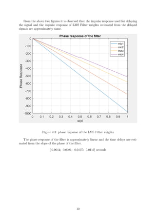 From the above two ﬁgures it is observed that the impulse response used for delaying
the signal and the impulse response of LMS Filter weights estimated from the delayed
signals are approximately same.
Figure 4.3: phase response of the LMS Filter weights
The phase response of the ﬁlter is approximately linear and the time delays are esti-
mated from the slope of the phase of the ﬁlter.
[-0.0044; -0.0081; -0.0107; -0.0119] seconds
10
 