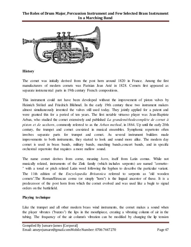 The Role of Drum Major, Percussion Instrument and Few Selected Brass