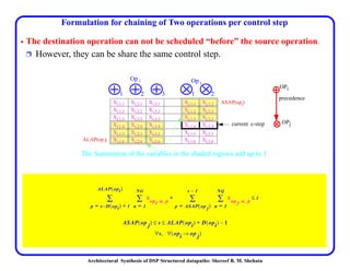 Architectural Synthesis of DSP Structured datapaths: Shereef B. M. Shehata
Formulation for chaining of Two operations per control step
• The destination operation can not be scheduled “before” the source operation.
Ë However, they can be share the same control step.
Xi,1,1 Xi,2,1 Xi,3,1 Xj,1,1 Xj,1,2
Xi,1,2 Xi,2,2 Xi,3,2 Xj,1,2 Xj,2,2
Xi,1,3 Xi,2,3 Xi,3,3 Xj,1,3 Xj,2,3
Xi,1,4 Xi,2,4 Xi,3,4 Xj,1,4 Xj,2,4
Xi,1,5 Xi,2,5 Xi,3,5 Xj,1,5 Xj,2,5
Xi,1,6 Xi,2,6 Xi,3,6 Xj,1,6 Xj,2,6
ASAP(opj)
current c-step
ALAP(op i)
The Summation of the variables in the shaded regions add up to 1
21
Op j
1 2 3
Op i
OPi
OPj
precedence
X
opi n p, ,
X
op j n p, ,
n 1=
Ntj
∑ 1≤
p ASAP op j( )=
s 1–
∑+
n 1=
Nti
∑
p s D opi( )– 1+=
ALAP opi( )
∑
ASAP op j( ) s ALAP opi( ) D opi( ) 1–+≤ ≤
s∀ opi op j→( )∀,
 