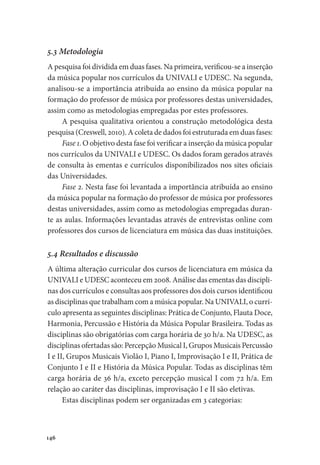 146
5.3 Metodologia
A pesquisa foi dividida em duas fases. Na primeira, verificou-se a inserção
da música popular nos currículos da UNIVALI e UDESC. Na segunda,
analisou-se a importância atribuída ao ensino da música popular na
formação do professor de música por professores destas universidades,
assim como as metodologias empregadas por estes professores.
A pesquisa qualitativa orientou a construção metodológica desta
pesquisa (Creswell, 2010). A coleta de dados foi estruturada em duas fases:
Fase 1. O objetivo desta fase foi verificar a inserção da música popular
nos currículos da UNIVALI e UDESC. Os dados foram gerados através
de consulta às ementas e currículos disponibilizados nos sites oficiais
das Universidades.
Fase 2. Nesta fase foi levantada a importância atribuída ao ensino
da música popular na formação do professor de música por professores
destas universidades, assim como as metodologias empregadas duran-
te as aulas. Informações levantadas através de entrevistas online com
professores dos cursos de licenciatura em música das duas instituições.
5.4 Resultados e discussão
A última alteração curricular dos cursos de licenciatura em música da
UNIVALI e UDESC aconteceu em 2008. Análise das ementas das discipli-
nas dos currículos e consultas aos professores dos dois cursos identificou
as disciplinas que trabalham com a música popular. Na UNIVALI, o currí-
culo apresenta as seguintes disciplinas: Prática de Conjunto, Flauta Doce,
Harmonia, Percussão e História da Música Popular Brasileira. Todas as
disciplinas são obrigatórias com carga horária de 30 h/a. Na UDESC, as
disciplinas ofertadas são: Percepção Musical I, Grupos Musicais Percussão
I e II, Grupos Musicais Violão I, Piano I, Improvisação I e II, Prática de
Conjunto I e II e História da Música Popular. Todas as disciplinas têm
carga horária de 36 h/a, exceto percepção musical I com 72 h/a. Em
relação ao caráter das disciplinas, improvisação I e II são eletivas.
Estas disciplinas podem ser organizadas em 3 categorias:
 