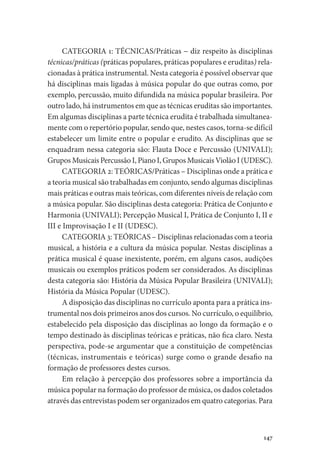 147
CATEGORIA 1: TÉCNICAS/Práticas − diz respeito às disciplinas
técnicas/práticas (práticas populares, práticas populares e eruditas) rela-
cionadas à prática instrumental. Nesta categoria é possível observar que
há disciplinas mais ligadas à música popular do que outras como, por
exemplo, percussão, muito difundida na música popular brasileira. Por
outro lado, há instrumentos em que as técnicas eruditas são importantes.
Em algumas disciplinas a parte técnica erudita é trabalhada simultanea-
mente com o repertório popular, sendo que, nestes casos, torna-se difícil
estabelecer um limite entre o popular e erudito. As disciplinas que se
enquadram nessa categoria são: Flauta Doce e Percussão (UNIVALI);
Grupos Musicais Percussão I, Piano I, Grupos Musicais Violão I (UDESC).
CATEGORIA 2: TEÓRICAS/Práticas – Disciplinas onde a prática e
a teoria musical são trabalhadas em conjunto, sendo algumas disciplinas
mais práticas e outras mais teóricas, com diferentes níveis de relação com
a música popular. São disciplinas desta categoria: Prática de Conjunto e
Harmonia (UNIVALI); Percepção Musical I, Prática de Conjunto I, II e
III e Improvisação I e II (UDESC).
CATEGORIA 3: TEÓRICAS – Disciplinas relacionadas com a teoria
musical, a história e a cultura da música popular. Nestas disciplinas a
prática musical é quase inexistente, porém, em alguns casos, audições
musicais ou exemplos práticos podem ser considerados. As disciplinas
desta categoria são: História da Música Popular Brasileira (UNIVALI);
História da Música Popular (UDESC).
A disposição das disciplinas no currículo aponta para a prática ins-
trumental nos dois primeiros anos dos cursos. No currículo, o equilíbrio,
estabelecido pela disposição das disciplinas ao longo da formação e o
tempo destinado às disciplinas teóricas e práticas, não fica claro. Nesta
perspectiva, pode-se argumentar que a constituição de competências
(técnicas, instrumentais e teóricas) surge como o grande desafio na
formação de professores destes cursos.
Em relação à percepção dos professores sobre a importância da
música popular na formação do professor de música, os dados coletados
através das entrevistas podem ser organizados em quatro categorias. Para
 