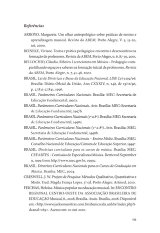 153
Referências
ARROYO, Margarete. Um olhar antropológico sobre práticas de ensino e
aprendizagem musical. Revista da ABEM, Porto Alegre, V. 5, 13-20,
set. 2000.
BEINEKE, Viviane. Teoria e prática pedagógica: encontro e desencontros na
formação de professores. Revista da ABEM, Porto Alegre, n. 6, 87-95, 2001.
BELLOCHIO, Cláudia. Ribeiro. Licenciatura em Música – Pedagogia: com-
partilhando espaços e saberes na formação inicial de professores. Revista
da ABEM, Porto Alegre, n. 7, 41-48, 2002.
BRASIL. Lei de Diretrizes e Bases da Educação Nacional, LDB: Lei 9394/96.
Brasília: Diário Oficial da União, Ano CXXXIV, n. 248, de 23/12/96,
p. 27.833-27.841, 1996.
BRASIL. Parâmetros Curriculares Nacionais. Brasília: MEC: Secretaria de
Educação Fundamental, 1997a.
BRASIL. Parâmetros Curriculares Nacionais, Arte. Brasília: MEC: Secretaria
de Educação Fundamental, 1997b.
BRASIL. Parâmetros Curriculares Nacionais (5ª a 8ª). Brasília: MEC: Secretaria
de Educação Fundamental, 1998a.
BRASIL. Parâmetros Curriculares Nacionais (5ª a 8ª), Arte. Brasília: MEC:
Secretaria de Educação Fundamental, 1998b.
BRASIL. Parâmetros Curriculares Nacionais – Ensino Médio. Brasília: MEC:
Conselho Nacional de Educação/Câmara de Educação Superior, 1999ª.
BRASIL. Diretrizes curriculares para os cursos de música. Brasília: MEC:
CEEARTES - Comissão de Especialistas/Música. Retrieved September
9, 1999 from http://www.mec.gov.br, 1999c.
BRASIL. Diretrizes Curriculares Nacionais para os Cursos de Graduação em
Música. Brasília: MEC, 2004.
CRESWELL, J. W. Projeto de Pesquisa: Métodos Qualitativo, Quantitativo e
Misto. Trad. Magda França Lopes. 3ª ed. Porto Alegre: Artmed, 2010.
FEICHAS, Heloísa. Música popular na educação musical. In: ENCONTRO
REGIONAL CENTRO-OESTE DA ASSOCIAÇÃO BRASILEIRA DE
EDUCAÇÃO Musical, 8., 2008, Brasília. Anais. Brasília, 2008. Disponível
em: <http://www.jacksonsavitraz.com.br/abemco.ida.unb.br/index.php?i-
dcanal=169>. Acesso em: 10 out 2010.
 