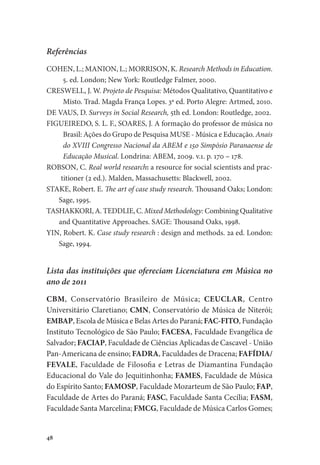 48
Referências
COHEN, L.; MANION, L.; MORRISON, K. Research Methods in Education.
5. ed. London; New York: Routledge Falmer, 2000.
CRESWELL, J. W. Projeto de Pesquisa: Métodos Qualitativo, Quantitativo e
Misto. Trad. Magda França Lopes. 3ª ed. Porto Alegre: Artmed, 2010.
DE VAUS, D. Surveys in Social Research, 5th ed. London: Routledge, 2002.
FIGUEIREDO, S. L. F., SOARES, J. A formação do professor de música no
Brasil: Ações do Grupo de Pesquisa MUSE - Música e Educação. Anais
do XVIII Congresso Nacional da ABEM e 15o Simpósio Paranaense de
Educação Musical. Londrina: ABEM, 2009. v.1. p. 170 – 178.
ROBSON, C. Real world research: a resource for social scientists and prac-
titioner (2 ed.). Malden, Massachusetts: Blackwell, 2002.
STAKE, Robert. E. The art of case study research. Thousand Oaks; London:
Sage, 1995.
TASHAKKORI, A. TEDDLIE, C. Mixed Methodology: Combining Qualitative
and Quantitative Approaches. SAGE: Thousand Oaks, 1998.
YIN, Robert. K. Case study research : design and methods. 2a ed. London:
Sage, 1994.
Lista das instituições que ofereciam Licenciatura em Música no
ano de 2011
CBM, Conservatório Brasileiro de Música; CEUCLAR, Centro
Universitário Claretiano; CMN, Conservatório de Música de Niterói;
EMBAP, Escola de Música e Belas Artes do Paraná; FAC-FITO, Fundação
Instituto Tecnológico de São Paulo; FACESA, Faculdade Evangélica de
Salvador; FACIAP, Faculdade de Ciências Aplicadas de Cascavel - União
Pan-Americana de ensino; FADRA, Faculdades de Dracena; FAFÍDIA/
FEVALE, Faculdade de Filosofia e Letras de Diamantina Fundação
Educacional do Vale do Jequitinhonha; FAMES, Faculdade de Música
do Espírito Santo; FAMOSP, Faculdade Mozarteum de São Paulo; FAP,
Faculdade de Artes do Paraná; FASC, Faculdade Santa Cecília; FASM,
Faculdade Santa Marcelina; FMCG, Faculdade de Música Carlos Gomes;
 