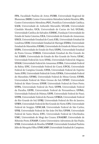 49
FPA, Faculdade Paulista de Artes; FURB, Universidade Regional de
Blumenau; IMIH, Centro Universitário Metodista Izabela Hendrix; IPA,
Centro Universitário Metodista; PUC, Pontifícia Universidade Católica;
UAM, Universidade de Anhembi Morumbi; UCAM, Universidade
Cândido Mendes; UCS, Universidade de Caxias do Sul; UCSAL,
Universidade Católica do Salvador; UDESC, Fundação Universidade do
Estado de Santa Catarina; UEA, Universidade do Estado do Amazonas;
UECE, Universidade Estadual do Ceará; UEL, Universidade Estadual de
Londrina; UEM, Universidade Estadual de Maringá; UEMA, Universidade
Estadual do Maranhão; UEMG, Universidade do Estado de Minas Gerais;
UEPA, Universidade do Estado do Pará; UEPG, Universidade Estadual
de Ponta Grossa; UERGS, Universidade Estadual do Rio Grande do
Sul; UERN, Universidade do Estado do Rio Grande do Norte; UFAC,
Universidade Federal do Acre; UFAL, Universidade Federal de Alagoas;
UFAM, Universidade Federal do Amazonas; UFBA, Universidade Federal
da Bahia; UFC, Universidade Federal do Ceará; UFCG, Universidade
Federal de Campina Grande; UFES, Universidade Federal do Espírito
Santo; UFG, Universidade Federal de Goiás; UFMA, Universidade Federal
do Maranhão; UFMG, Universidade Federal de Minas Gerais; UFMS,
Universidade Federal de Mato Grosso do Sul; UFMT, Universidade
Federal de Mato Grosso; UFOP, Universidade Federal de Ouro Preto;
UFPA, Universidade Federal do Pará; UFPB, Universidade Federal
da Paraíba; UFPE, Universidade Federal de Pernambuco; UFPeL,
Universidade Federal de Pelotas; UFPI, Universidade Federal de Piauí;
UFPR, Universidade Federal do Paraná; UFRGS, Universidade Federal
do Rio Grande do Sul; UFRJ, Universidade Federal do Rio de Janeiro;
UFRN, Universidade Federal de Rio Grande do Norte; UFS, Universidade
Federal de Sergipe; UFSCAR, Universidade Federal de São Carlos;
UFSJ, Universidade Federal de São João Del Rei; UFSM, Universidade
Federal de Santa Maria; UFU, Universidade Federal de Uberlândia;
UMC, Universidade de Mogi das Cruzes; UNAERP, Universidade de
Ribeirão Preto; UNASP, Centro Universitário Adventista de São Paulo;
UNB, Universidade de Brasília; UNESP, Universidade Estadual Paulista
Júlio de Mesquita Filho; UNICAMP, Universidade Estadual de Campinas.
 