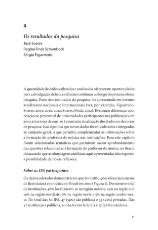51
4
Os resultados da pesquisa
José Soares
Regina Finck Schambeck
Sérgio Figueiredo
A quantidade de dados coletados e analisados ofereceram oportunidades
para a divulgação, debate e reflexões contínuas ao longo do processo dessa
pesquisa. Parte dos resultados da pesquisa foi apresentada em eventos
acadêmicos nacionais e internacionais (ver, por exemplo, Figueiredo;
Soares, 2009, 2010, 2012; Soares; Finck, 2012). Eventuais diferenças com
relação ao percentual de universidades participantes nas publicações em
anos anteriores devem-se à constante atualização dos dados no decorrer
da pesquisa. Isso significa que novos dados foram coletados e integrados
ao conjunto geral, o que permitiu complementar as informações sobre
a formação do professor de música nas instituições. Para este capítulo
foram selecionadas temáticas que permitem maior aprofundamento
das questões relacionadas à formação do professor de música no Brasil,
destacando que as abordagens analíticas aqui apresentadas não esgotam
a possibilidade de novas reflexões.
Sobre as IES participantes
Os dados coletados demonstraram que 80 instituições ofereciam cursos
de licenciatura em música no Brasil em 2010 (Figura 1). Do número total
de instituições, 46% localizavam-se na região sudeste, 24% na região sul,
19% na região nordeste, 6% na região norte e 5% na região centro-oes-
te. Do total das 80 IES, 47 (59%) são públicas e 33 (41%) privadas. Das
47 instituições públicas, 30 (64%) são federais e 17 (36%) estaduais.
 