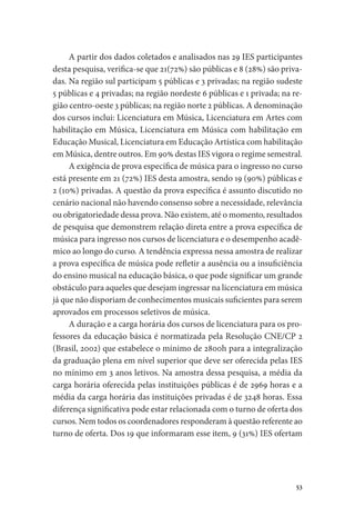 53
A partir dos dados coletados e analisados nas 29 IES participantes
desta pesquisa, verifica-se que 21(72%) são públicas e 8 (28%) são priva-
das. Na região sul participam 5 públicas e 3 privadas; na região sudeste
5 públicas e 4 privadas; na região nordeste 6 públicas e 1 privada; na re-
gião centro-oeste 3 públicas; na região norte 2 públicas. A denominação
dos cursos inclui: Licenciatura em Música, Licenciatura em Artes com
habilitação em Música, Licenciatura em Música com habilitação em
Educação Musical, Licenciatura em Educação Artística com habilitação
em Música, dentre outros. Em 90% destas IES vigora o regime semestral.
A exigência de prova específica de música para o ingresso no curso
está presente em 21 (72%) IES desta amostra, sendo 19 (90%) públicas e
2 (10%) privadas. A questão da prova específica é assunto discutido no
cenário nacional não havendo consenso sobre a necessidade, relevância
ou obrigatoriedade dessa prova. Não existem, até o momento, resultados
de pesquisa que demonstrem relação direta entre a prova específica de
música para ingresso nos cursos de licenciatura e o desempenho acadê-
mico ao longo do curso. A tendência expressa nessa amostra de realizar
a prova específica de música pode refletir a ausência ou a insuficiência
do ensino musical na educação básica, o que pode significar um grande
obstáculo para aqueles que desejam ingressar na licenciatura em música
já que não disporiam de conhecimentos musicais suficientes para serem
aprovados em processos seletivos de música.
A duração e a carga horária dos cursos de licenciatura para os pro-
fessores da educação básica é normatizada pela Resolução CNE/CP 2
(Brasil, 2002) que estabelece o mínimo de 2800h para a integralização
da graduação plena em nível superior que deve ser oferecida pelas IES
no mínimo em 3 anos letivos. Na amostra dessa pesquisa, a média da
carga horária oferecida pelas instituições públicas é de 2969 horas e a
média da carga horária das instituições privadas é de 3248 horas. Essa
diferença significativa pode estar relacionada com o turno de oferta dos
cursos. Nem todos os coordenadores responderam à questão referente ao
turno de oferta. Dos 19 que informaram esse item, 9 (31%) IES ofertam
 