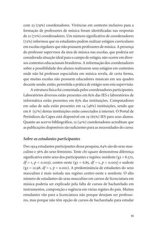 55
com 23 (79%) coordenadores. Vivências em contexto inclusivo para a
formação de professores de música foram identificadas nas respostas
de 21 (72%) coordenadores. Um número significativo de coordenadores
(72%) informou que os estudantes podem realizar estágios curriculares
em escolas regulares que não possuem professores de música. A presença
do professor supervisor da área de música nas escolas, que poderia ser
considerada situação ideal para o campo de estágio, não ocorre em diver-
sos contextos educacionais brasileiros. A informação dos coordenadores
sobre a possibilidade dos alunos realizarem seus estágios em contextos
onde não há professor especialista em música revela, de certa forma,
que muitas escolas não possuem educadores musicais em seu quadro
docente sendo, então, permitida a prática de estágio sem esta supervisão.
A estrutura física foi comentada pelos coordenadores participantes.
Laboratórios diversos estão presentes em 85% das IES e laboratórios de
informática estão presentes em 83% das instituições. Computadores
em salas de aula estão presentes em 14 (48%) instituições, sendo que
em 8 (57%) destas instituições estão conectados à internet. O Portal de
Periódicos da Capes está disponível em 19 (65%) IES para seus alunos.
Quanto ao acervo bibliográfico, 12 (41%) coordenadores acreditam que
as publicações disponíveis são suficientes para as necessidades do curso.
Sobre os estudantes participantes
Dos 1924 estudantes participantes dessa pesquisa, 64% são do sexo mas-
culino e 36% do sexo feminino. Teste chi-square demonstrou diferença
significativa entre sexo dos participantes e regiões: nordeste (χ2 = 8.572,
df = 1, p < 0.003), centro-oeste (χ2 = 6.85, df = 1, p = 0.005) e sudeste
(χ2 = 12.98, df = 1, p = 0.001). A predominância de estudantes do sexo
masculino é mais notada nas regiões centro-oeste e nordeste. O alto
número de estudantes do sexo masculino em cursos de licenciatura em
música poderia ser explicado pela falta de cursos de bacharelado em
instrumentos, composição e regência em várias regiões do país. Muitos
estudantes vão para a licenciatura não porque desejam ser professo-
res, mas porque não têm opção de cursos de bacharelado para estudar
 
