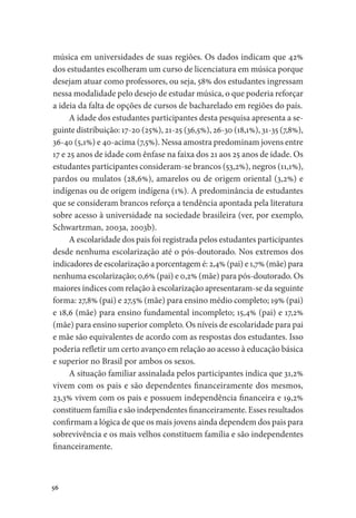 56
música em universidades de suas regiões. Os dados indicam que 42%
dos estudantes escolheram um curso de licenciatura em música porque
desejam atuar como professores, ou seja, 58% dos estudantes ingressam
nessa modalidade pelo desejo de estudar música, o que poderia reforçar
a ideia da falta de opções de cursos de bacharelado em regiões do país.
A idade dos estudantes participantes desta pesquisa apresenta a se-
guinte distribuição: 17-20 (25%), 21-25 (36,5%), 26-30 (18,1%), 31-35 (7,8%),
36-40 (5,1%) e 40-acima (7,5%). Nessa amostra predominam jovens entre
17 e 25 anos de idade com ênfase na faixa dos 21 aos 25 anos de idade. Os
estudantes participantes consideram-se brancos (53,2%), negros (11,1%),
pardos ou mulatos (28,6%), amarelos ou de origem oriental (3,2%) e
indígenas ou de origem indígena (1%). A predominância de estudantes
que se consideram brancos reforça a tendência apontada pela literatura
sobre acesso à universidade na sociedade brasileira (ver, por exemplo,
Schwartzman, 2003a, 2003b).
A escolaridade dos pais foi registrada pelos estudantes participantes
desde nenhuma escolarização até o pós-doutorado. Nos extremos dos
indicadores de escolarização a porcentagem é: 2,4% (pai) e 1,7% (mãe) para
nenhuma escolarização; 0,6% (pai) e 0,2% (mãe) para pós-doutorado. Os
maiores índices com relação à escolarização apresentaram-se da seguinte
forma: 27,8% (pai) e 27,5% (mãe) para ensino médio completo; 19% (pai)
e 18,6 (mãe) para ensino fundamental incompleto; 15,4% (pai) e 17,2%
(mãe) para ensino superior completo. Os níveis de escolaridade para pai
e mãe são equivalentes de acordo com as respostas dos estudantes. Isso
poderia refletir um certo avanço em relação ao acesso à educação básica
e superior no Brasil por ambos os sexos.
A situação familiar assinalada pelos participantes indica que 31,2%
vivem com os pais e são dependentes financeiramente dos mesmos,
23,3% vivem com os pais e possuem independência financeira e 19,2%
constituem família e são independentes financeiramente. Esses resultados
confirmam a lógica de que os mais jovens ainda dependem dos pais para
sobrevivência e os mais velhos constituem família e são independentes
financeiramente.
 