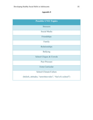 Developing Healthy Social Skills in Adolescents 35	
  
Appendix E
Possible UNO Topics
Stressors
Social Media
Friendships
Family
Relationships
Bullying
School Cliques & Crowds
Peer Pressure
Extra Curricular
School Climate/Culture
(beliefs, attitudes, “unwritten rules”, “feel of a school”)
	
  
	
   	
  
 