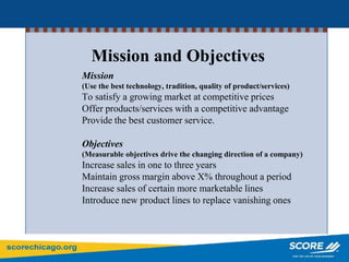 Mission
(Use the best technology, tradition, quality of product/services)
To satisfy a growing market at competitive prices
Offer products/services with a competitive advantage
Provide the best customer service.
Objectives
(Measurable objectives drive the changing direction of a company)
Increase sales in one to three years
Maintain gross margin above X% throughout a period
Increase sales of certain more marketable lines
Introduce new product lines to replace vanishing ones
Mission and Objectives
 