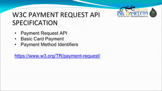W3C PAYMENT REQUEST API
SPECIFICATION
• Payment Request API
• Basic Card Payment
• Payment Method Identifiers
https://www....