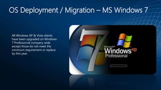 OS Deployment / Migration – MS Windows 7
All Windows XP & Vista clients
have been upgraded on Windows
7 Professional company wide
except those do not meet the
minimum requirement or replace
by this year.
 