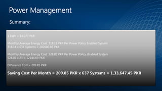 Power Management
1 kWh = 14.077 PKR
Monthly Average Energy Cost 318.18 PKR Per Power Policy Enabled System
318.18 x 637 Systems = 202680.66 PKR
Monthly Average Energy Cost 528.03 PKR Per Power Policy disabled System
528.03 x 23 = 12144.69 PKR
Difference Cost = 209.85 PKR
Saving Cost Per Month = 209.85 PKR x 637 Systems = 1,33,647.45 PKR
 