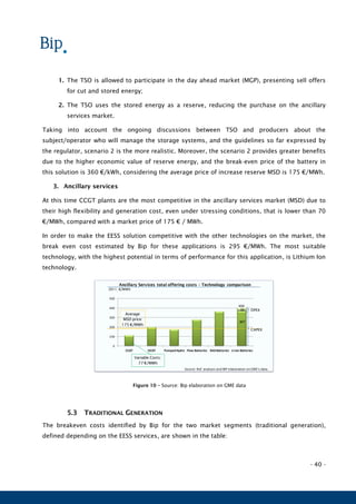 - 40 -
1. The TSO is allowed to participate in the day ahead market (MGP), presenting sell offers
for cut and stored energy;
2. The TSO uses the stored energy as a reserve, reducing the purchase on the ancillary
services market.
Taking into account the ongoing discussions between TSO and producers about the
subject/operator who will manage the storage systems, and the guidelines so far expressed by
the regulator, scenario 2 is the more realistic. Moreover, the scenario 2 provides greater benefits
due to the higher economic value of reserve energy, and the break-even price of the battery in
this solution is 360 €/kWh, considering the average price of increase reserve MSD is 175 €/MWh.
3. Ancillary services
At this time CCGT plants are the most competitive in the ancillary services market (MSD) due to
their high flexibility and generation cost, even under stressing conditions, that is lower than 70
€/MWh, compared with a market price of 175 € / MWh.
In order to make the EESS solution competitive with the other technologies on the market, the
break even cost estimated by Bip for these applications is 295 €/MWh. The most suitable
technology, with the highest potential in terms of performance for this application, is Lithium Ion
technology.
Figure 10 – Source: Bip elaboration on GME data
5.3 TRADITIONAL GENERATION
The breakeven costs identified by Bip for the two market segments (traditional generation),
defined depending on the EESS services, are shown in the table:
367
33
0
100
200
300
400
500
CCGT OCGT Pumped Hydro Flow Batteries NASBatteries Li-ion Batteries
Source: Ref. analysis and BIP elaboration on GME’s data
Variable Costs:
77 €/MWh
Ancillary Services total offering costs – Technology comparison
2011; €/MWh
Average
MSD price:
175 €/MWh
OPEX
CAPEX
400
 