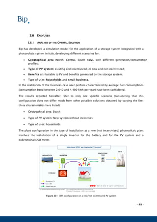 - 49 -
5.6 END USER
5.6.1 ANALYSIS OF THE OPTIMAL SOLUTION
Bip has developed a simulation model for the application of a storage system integrated with a
photovoltaic system in Italy, developing different scenarios for:
 Geographical area (North, Central, South Italy), with different generation/consumption
profiles;
 Type of PV system: existing and incentivized, or new and not incentivized;
 Benefits attributable to PV and benefits generated by the storage system;
 Type of user: households and small business.
In the realization of the business case user profiles characterized by average fuel consumptions
(consumption band between 2,640 and 4,400 kWh per year) have been considered.
The results reported hereafter refer to only one specific scenario (considering that this
configuration does not differ much from other possible solutions obtained by varying the first
three characteristics here listed):
 Geographical area: South
 Type of PV system: New system without incentives
 Type of user: households
The plant configuration in the case of installation at a new (not incentivized) photovoltaic plant
involves the installation of a single inverter for the battery and for the PV system and a
bidirectional DSO meter.
Figure 20 – EESS configuration on a new/not incentivized PV system
IMPIANTO PV
CONTATORE
DSOINVERTER
RETE
STORAGE
Soluzione RESS1 per impianto FV nuovo2
Generazione FV
Scarica ESS
Energia dalla rete 1 2 3 Ordine di merito nel coprire i carichi domestici
1
2 3
(1): Residential Electrochemical Storage System (2): Il contatore di produzione non è necessario se
l’impianto FV ha potenza < 20kW e non è incentivato
 