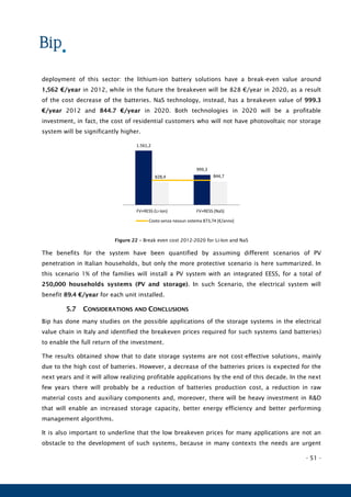 - 51 -
deployment of this sector: the lithium-ion battery solutions have a break-even value around
1,562 €/year in 2012, while in the future the breakeven will be 828 €/year in 2020, as a result
of the cost decrease of the batteries. NaS technology, instead, has a breakeven value of 999.3
€/year 2012 and 844.7 €/year in 2020. Both technologies in 2020 will be a profitable
investment, in fact, the cost of residential customers who will not have photovoltaic nor storage
system will be significantly higher.
Figure 22 – Break even cost 2012-2020 for Li-Ion and NaS
The benefits for the system have been quantified by assuming different scenarios of PV
penetration in Italian households, but only the more protective scenario is here summarized. In
this scenario 1% of the families will install a PV system with an integrated EESS, for a total of
250,000 households systems (PV and storage). In such Scenario, the electrical system will
benefit 89.4 €/year for each unit installed.
5.7 CONSIDERATIONS AND CONCLUSIONS
Bip has done many studies on the possible applications of the storage systems in the electrical
value chain in Italy and identified the breakeven prices required for such systems (and batteries)
to enable the full return of the investment.
The results obtained show that to date storage systems are not cost-effective solutions, mainly
due to the high cost of batteries. However, a decrease of the batteries prices is expected for the
next years and it will allow realizing profitable applications by the end of this decade. In the next
few years there will probably be a reduction of batteries production cost, a reduction in raw
material costs and auxiliary components and, moreover, there will be heavy investment in R&D
that will enable an increased storage capacity, better energy efficiency and better performing
management algorithms.
It is also important to underline that the low breakeven prices for many applications are not an
obstacle to the development of such systems, because in many contexts the needs are urgent
1.561,2
999,3
828,4 844,7
FV+RESS (Li-Ion) FV+RESS (NaS)
Costo senza nessun sistema 873,74 [€/anno]
 