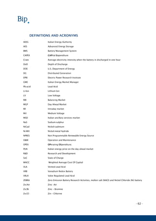 - 62 -
DEFINITIONS AND ACRONYMS
AEEG Italian Energy Authority
AES Advanced Energy Storage
BMS Battery Management System
CAPEX CAPital Expenditure
Crate Average electricity intensity when the battery in discharged in one hour
DoD Depth of Discharge
DOE U.S. Department of Energy
DG Distributed Generation
EPRI Electric Power Research Institute
GME Italian Energy Market Manager
Pb-acid Lead Acid
Li-Ion Lithium Ion
LV Low Voltage
MB Balancing Market
MGP Day Ahead Market
MI Intraday market
MV Medium Voltage
MSD Italian ancillary services market
NaS Sodium-sulphur
NiCad Nickel-cadmium
Ni-MH Nickel-metal hydride
NPRES Non Programmable Renewable Energy Source
O&M Operation and Maintenance
OPEX OPerating EXpenditure;
PUN Italian energy price on the day ahead market
R&D Research and Development
SoC State of Charge
WACC Weighted Average Cost Of Capital
VLA Vented Lead Acid
VRB Vanadium Redox Battery
VRLA Valve Regulated Lead Acid
ZEBRA Zero Emission Battery Research Activities, molten salt (NACl) and Nickel Chloride (Ni) battery
Zn/Air Zinc –Air
Zn/Br Zinc – Bromine
Zn/Cl Zin – Chlorine
 