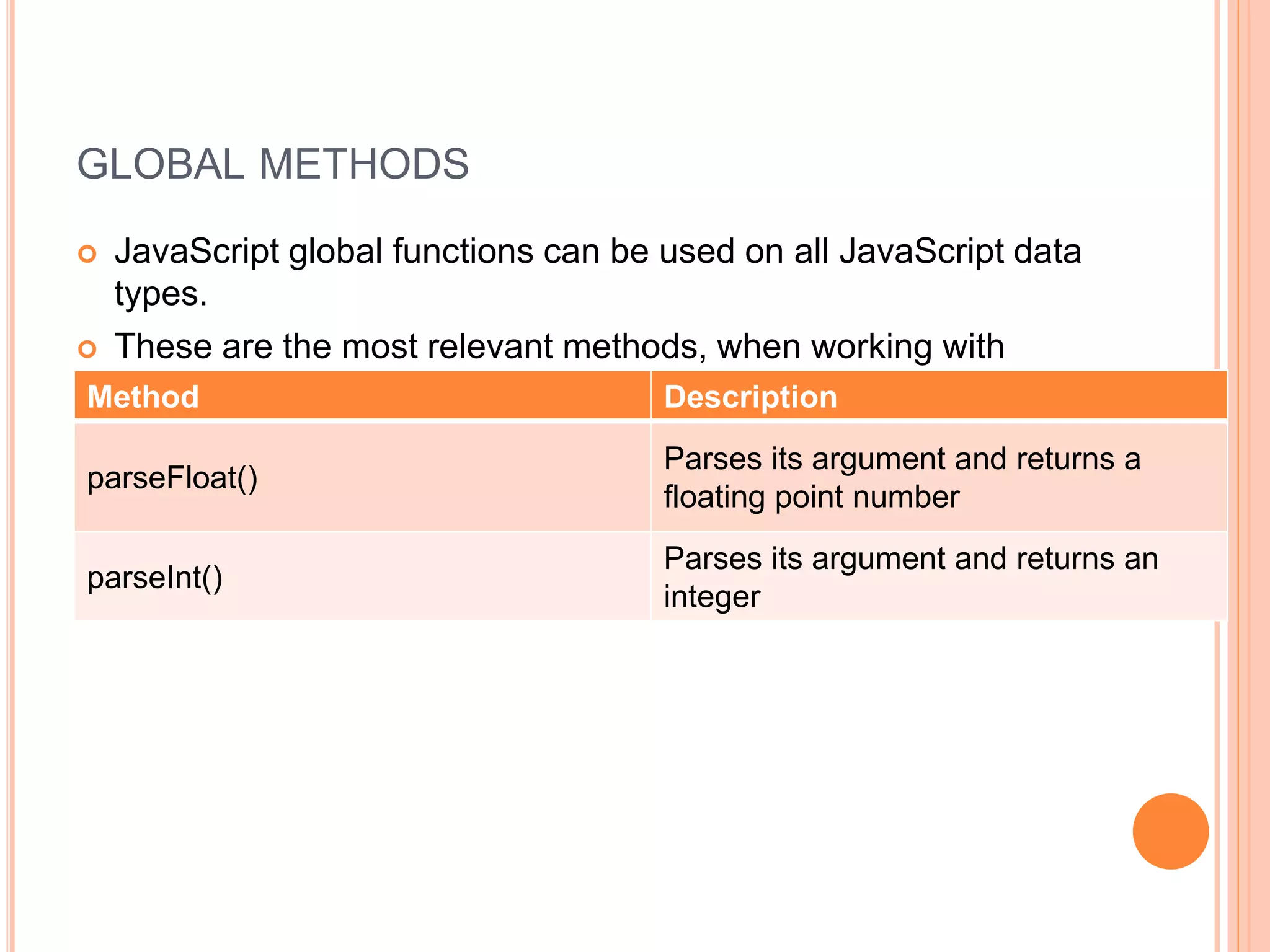 GLOBAL METHODS
 JavaScript global functions can be used on all JavaScript data
types.
 These are the most relevant methods, when working with
numbers:Method Description
parseFloat()
Parses its argument and returns a
floating point number
parseInt()
Parses its argument and returns an
integer
 