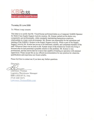 Recomendation Letter from KBR Manager SSA IRAQ