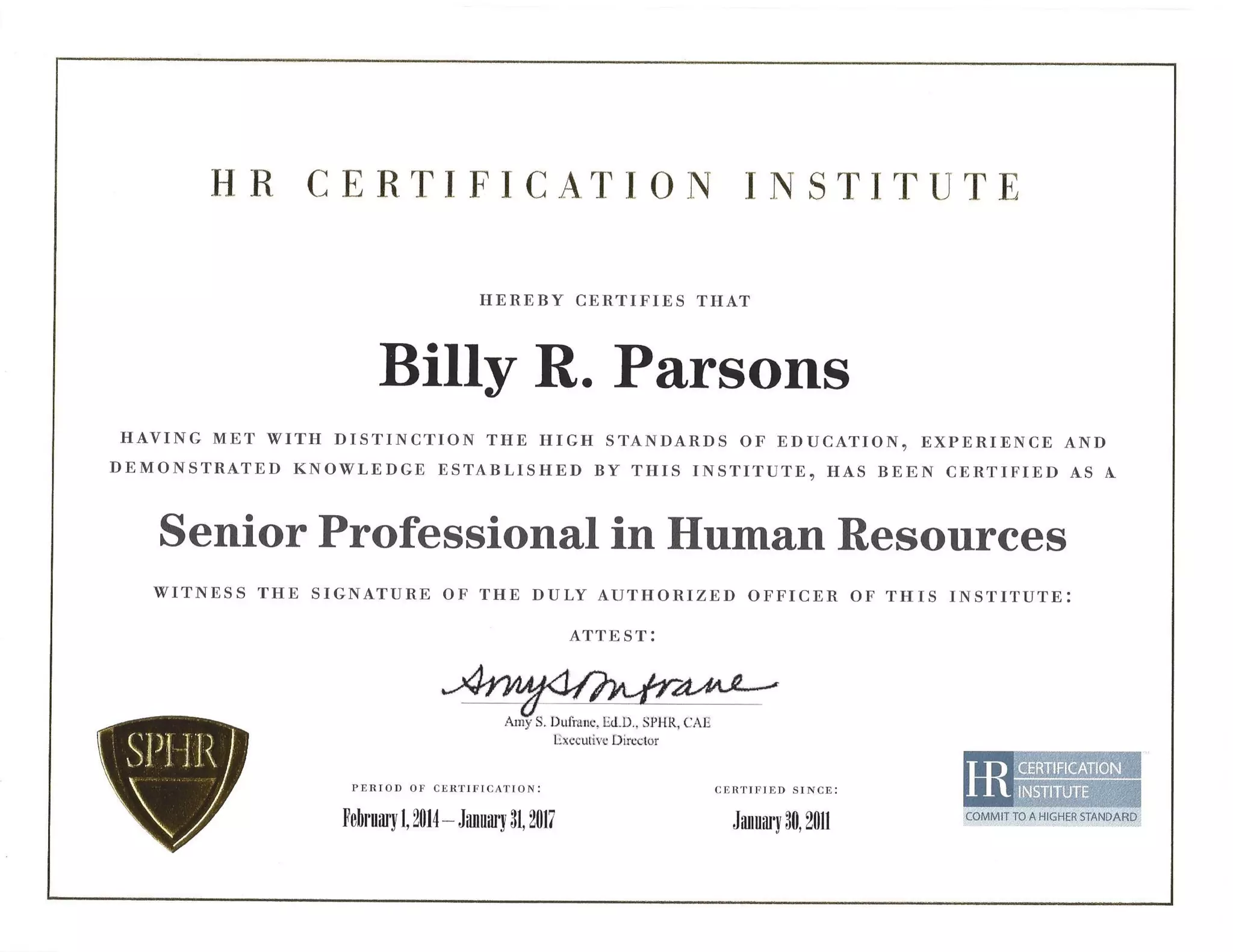 Billy R Parsons - SPHR Certificate | PDF