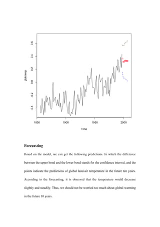 Forecasting
Based on the model, we can get the following predictions. In which the difference
between the upper bond and the lower bond stands for the confidence interval, and the
points indicate the predictions of global land-air temperature in the future ten years.
According to the forecasting, it is observed that the temperature would decrease
slightly and steadily. Thus, we should not be worried too much about global warming
in the future 10 years.
 